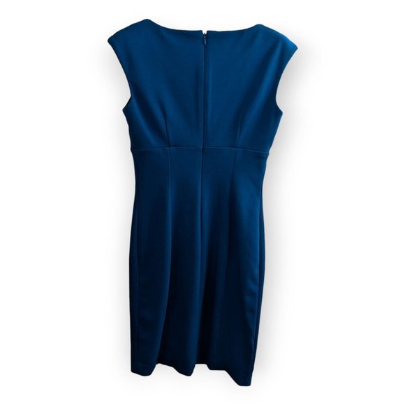 Calvin Klein Size 4 Blue Cap Sleeve Stylish Pleat Neck Dress Women Modern Cut - Picture 2 of 4